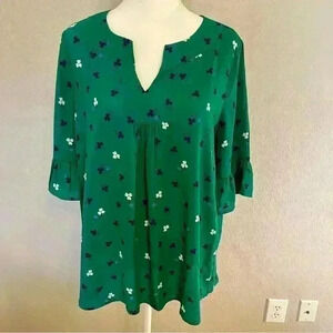 Pleione green three-quarter sleeve medium loose fit blouse navy/white flowers